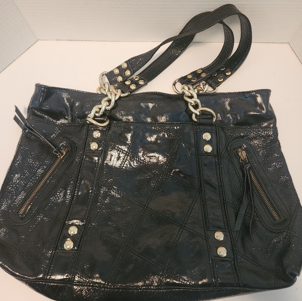 Black Leather Shoulder Bag with Gold Hardware